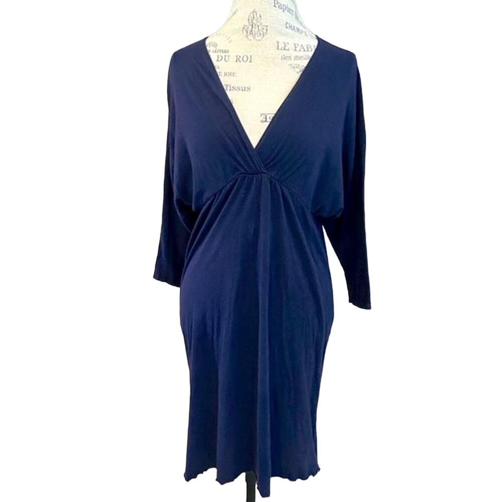 9seed navy blue cotton v neck ruched dress flowy beach coastal sz small